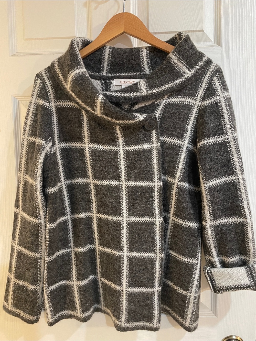 Ellen Tracy Charcoal & White Windowpane Cowl-Neck Sweater